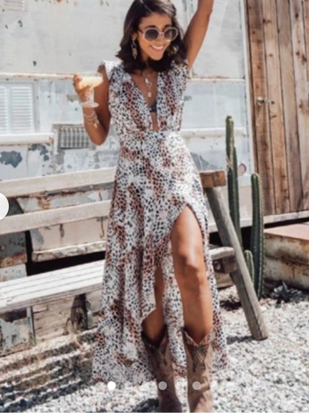 Kivari White, Black and Brown Animal Print High Low Wrap Dress
